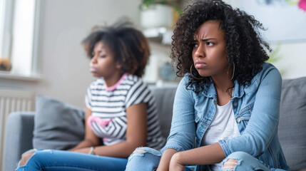 Obraz premium Woman crying on couch while supportive friend comforts her in cozy living room setting