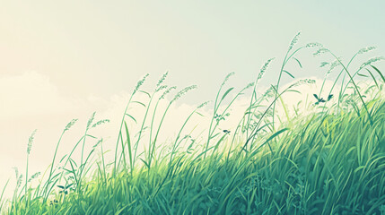 A vibrant summer day with green grass, clear blue sky, and fresh water in a natural meadow