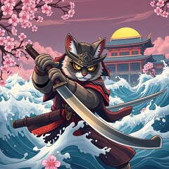 Dramatic scene featuring a samurai cat