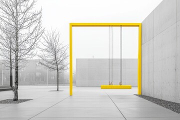 A minimalist grey park with clean lines and smooth concrete is accented by a single, bright yellow playground, creating a striking visual contrast against the muted surroundings. 