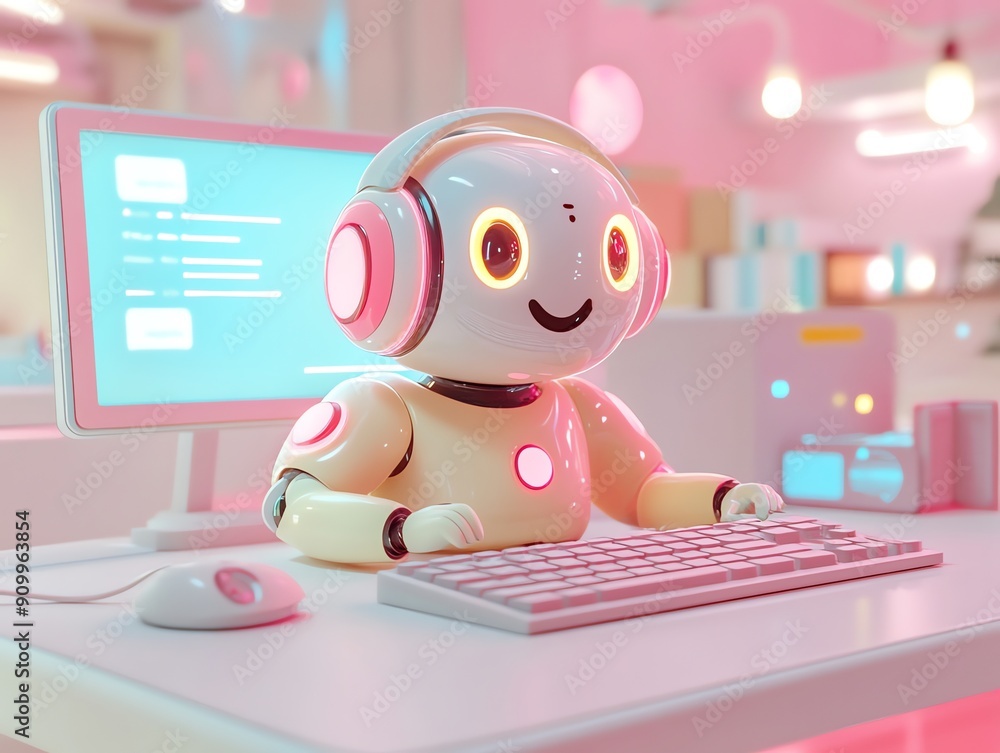 Poster Friendly Robot Working On Computer.