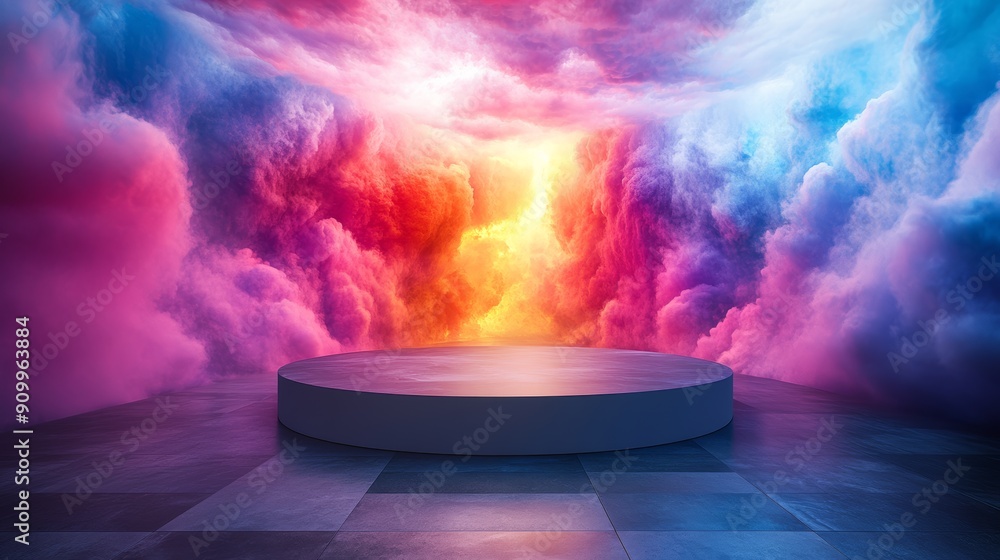 Poster vibrant dark podium with colorful cloud background - modern abstract display for product presentatio