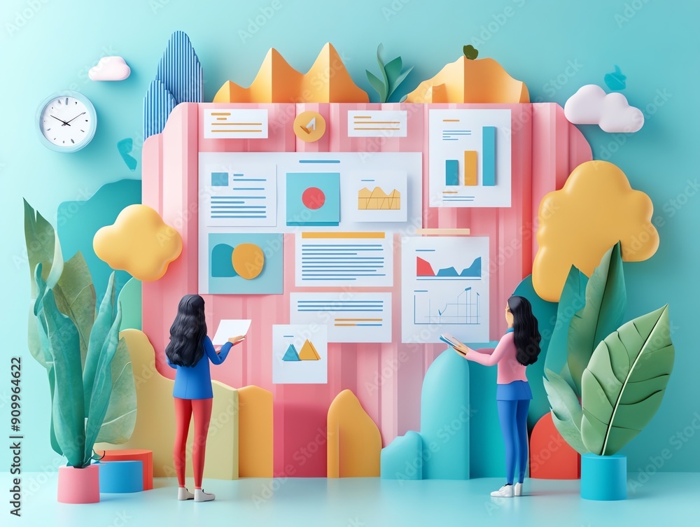 Aufkleber two women analyzing data on a wall with colorful charts and graphs.