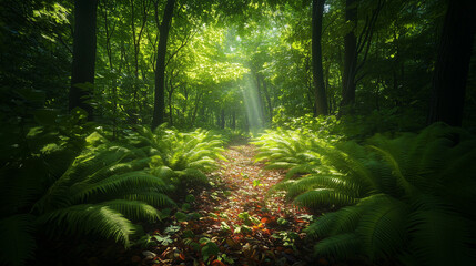 Obraz premium A serene forest scene with sunlight filtering through dense green foliage, casting dappled shadows on the forest floor covered in lush ferns and fallen leaves