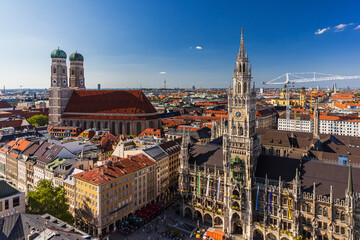 Fototapeta premium Aerial view on Marienplatz town hall and Frauenkirche in Munich, Germany