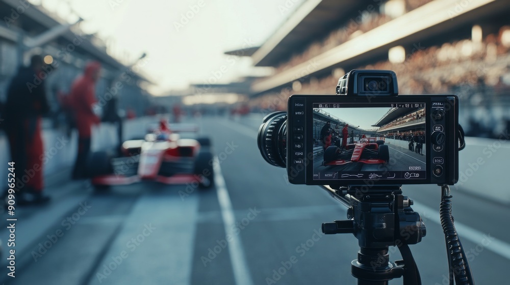Poster a racing car is positioned in the pit area, while a camera on a tripod captures the action, revealin