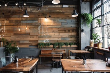 A trendy cafeteria with wooden walls, rustic furniture, and natural light