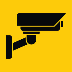 Security camera icon, video surveillance, cctv sign. Yellow square indicating camera operation. Surveillance camera,monitoring, safety home protection system. Fixed CCTV, Security Camera Icon Vector.