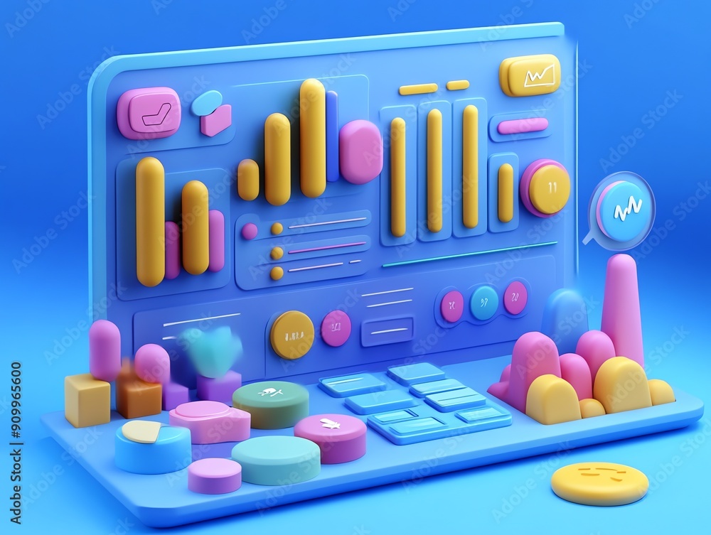 Poster colorful 3d laptop with user interface elements.