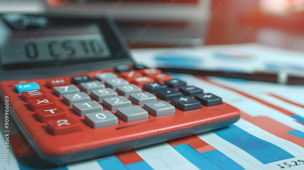 Poster calculator with red numbers and debt graphs for financial analysis concept