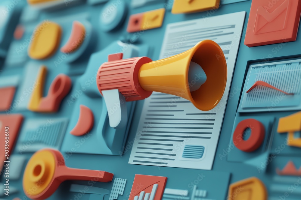 Poster 3d illustration of a megaphone with abstract shapes.
