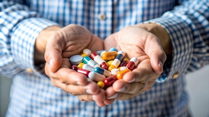 person holding pills, a lot of pills in hands