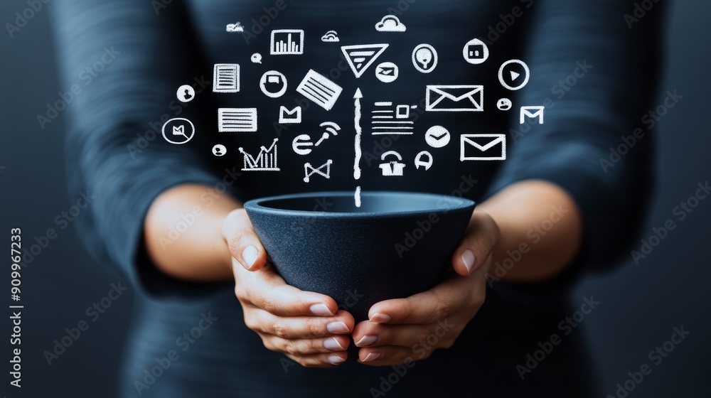 Aufkleber hands holding a bowl with floating digital icons representing technology and communication concepts