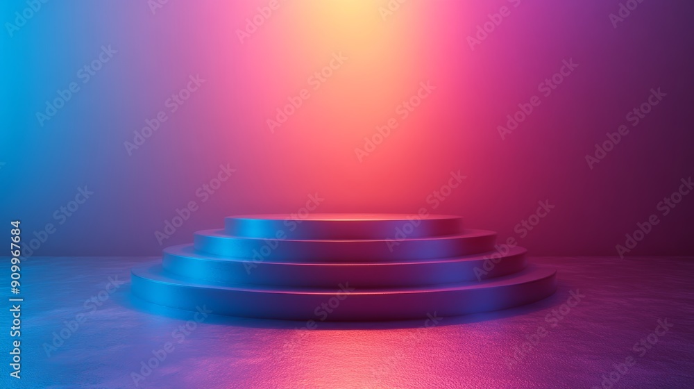 Poster vibrant dark podium with colorful gradient lighting for product display or presentation background