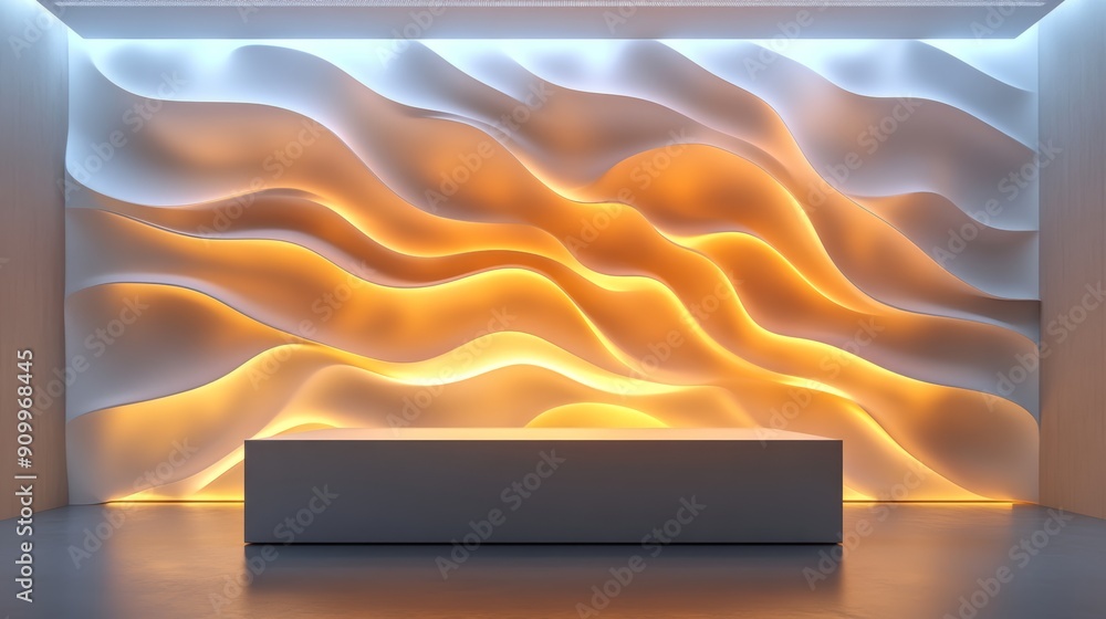 Poster modern podium with dark vibrant background featuring dynamic wave patterns and warm lighting