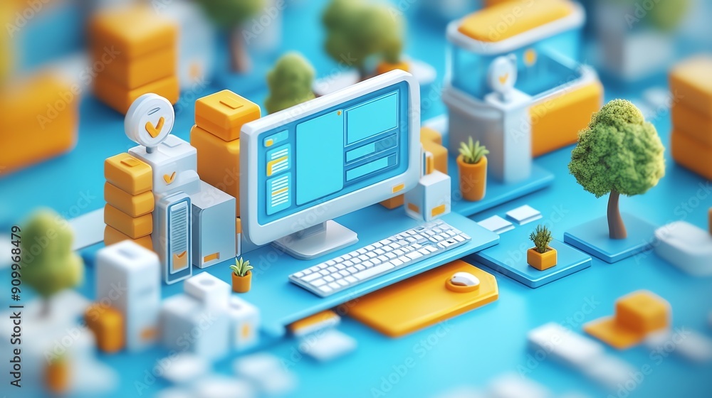 Aufkleber 3d computer desktop with miniature cityscape.