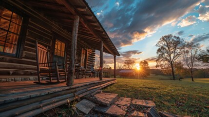 A cabin porch with a rocking chair at sunset, perfect for relaxing vacations, offering a serene atmosphere.
