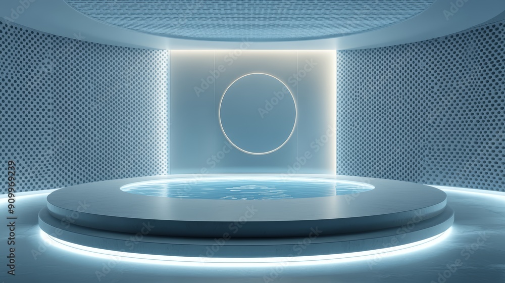 Poster modern dark vibrant podium with illuminated circular design in futuristic setting
