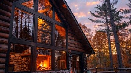 Fototapeta premium Charming log cabin with stone fireplace and large windows for cozy autumn retreats 