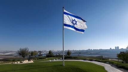 Fototapeta premium Waving Israeli National Flag on Blue Sky Background