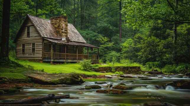 A rustic cabin by a babbling brook in a lush forest, ideal for promoting tranquil getaways and nature retreats.
