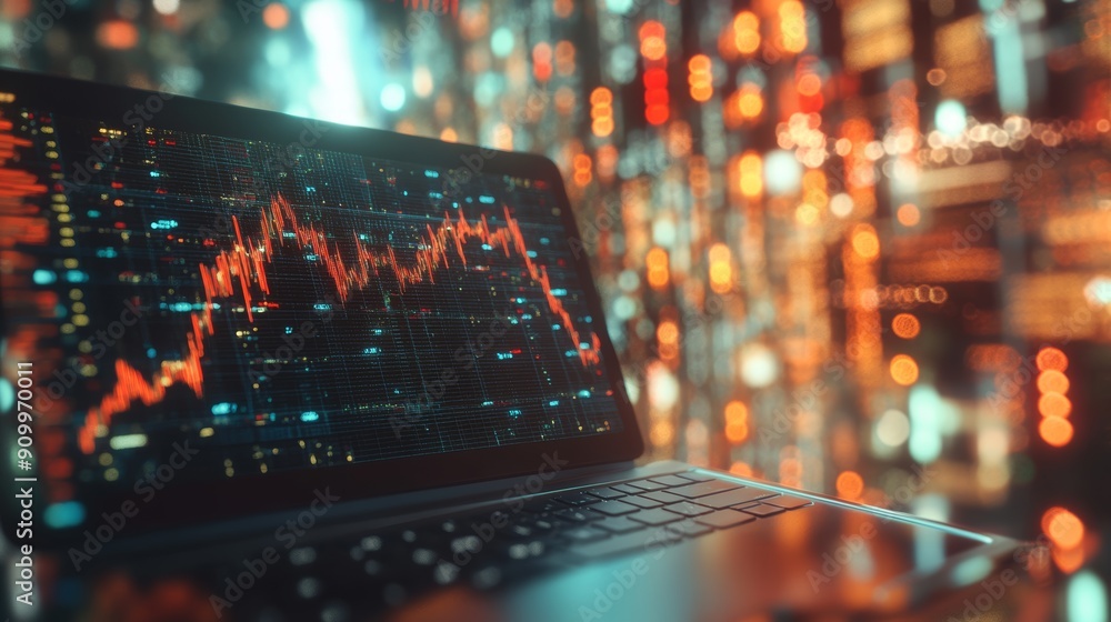 Poster laptop displaying financial stock market graphs and data with blurred background of digital lights