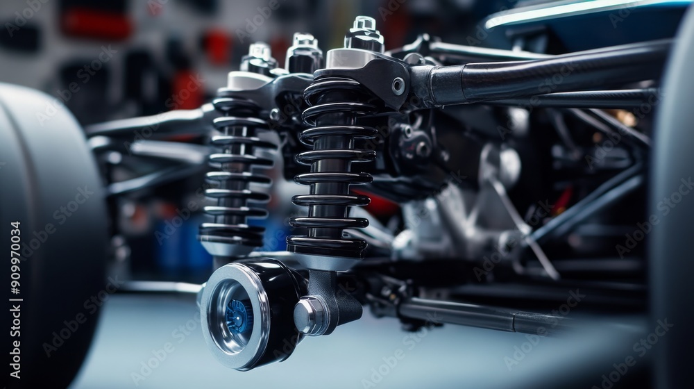 Poster detailed view of an automotive suspension system showcasing shock absorbers and coil springs, highli