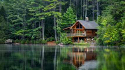 Fototapeta premium A rustic cabin by a serene lake surrounded by a lush forest, perfect for promoting peaceful nature retreats and tranquil getaways. 