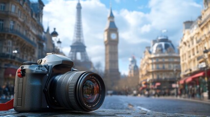 DSLR Camera in Focus with Iconic Landmarks in the Background Celebrating World Photography Day