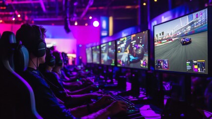 Enthusiastic gamers focus intently on racing simulations during a vibrant esports event filled with colorful lights.