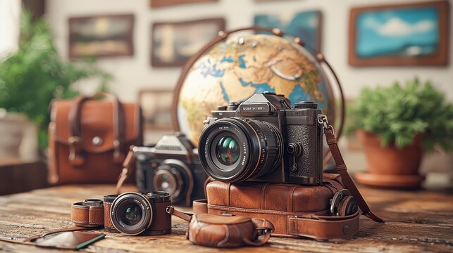 Vintage Cameras and Globe on Wooden Table Celebrating World Photography Day with Artistic Background