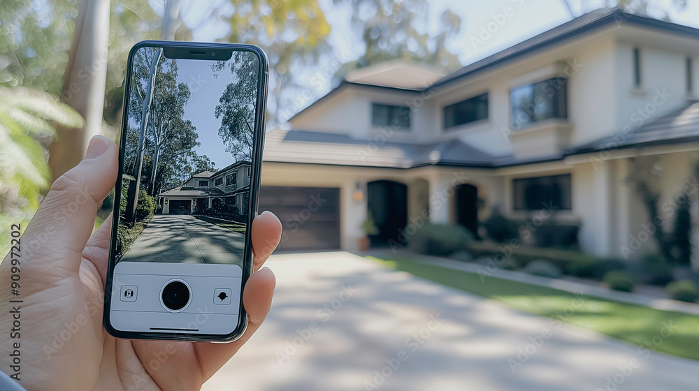 Poster iot-enabled home security system with cameras and sensors, providing alerts to the homeowner's smart