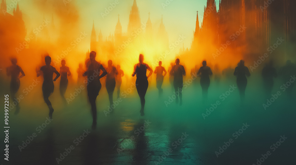 Poster abstract scene of runners with barcelona's distinctive architectural features.