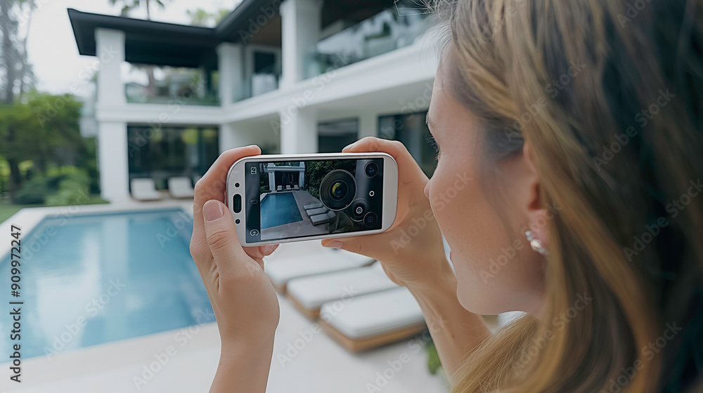 Poster iot-enabled home security system with cameras and sensors, providing alerts to the homeowner's smart