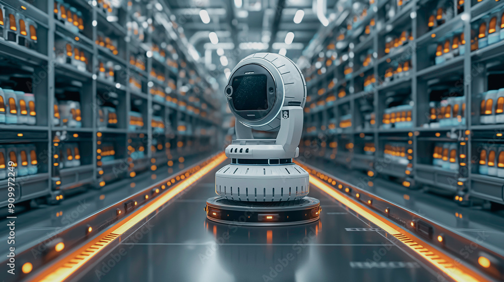 Poster ai-powered inventory management in a retail store, robots handling shelf restocking, digital display