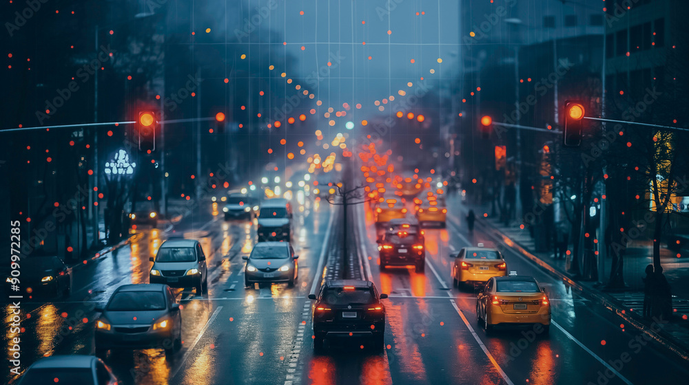 Poster a modern cityscape with iot-enabled traffic lights adjusting in real-time based on traffic flow and 