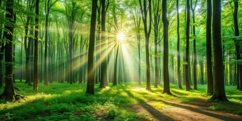 Fototapeta premium A beautiful green forest with sunlight streaming through the trees, nature, trees, leafy, foliage, forest, woods, green