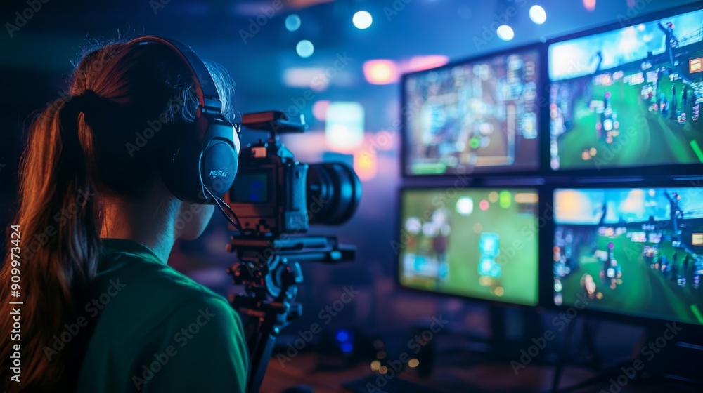 Aufkleber A gamer is focused on streaming in a studio, surrounded by multiple monitors displaying gameplay in ambient light.
