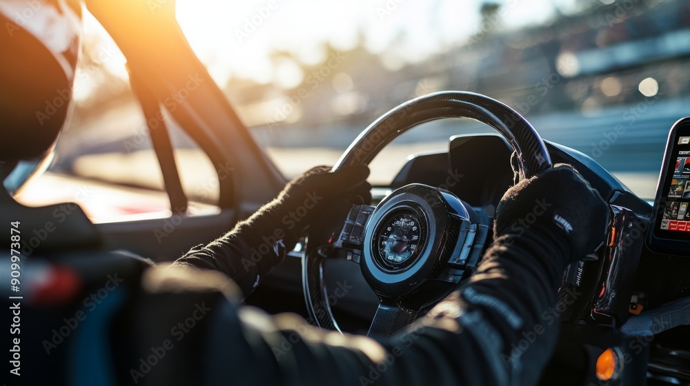 Poster a skilled driver grips the steering wheel tightly while navigating a racetrack, illuminated by the w
