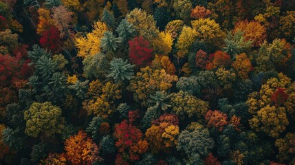 This aerial perspective showcases a dense forest in autumn, highlighting the vibrant shades of red, yellow, and green foliage