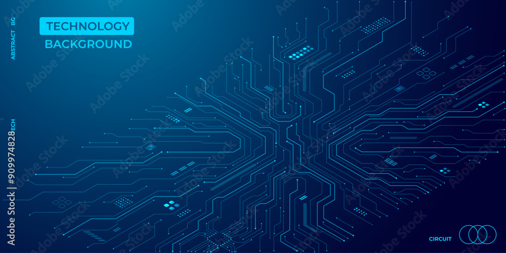 Poster Isometric circuit background in blue. Technology circuit board background. Ai chip, electronics elements, and connected dots. Data tech bg. Abstract vector illustration. Futuristic computer design