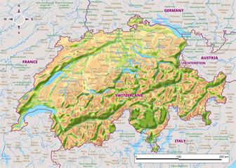 Detailed physical map of Switzerland