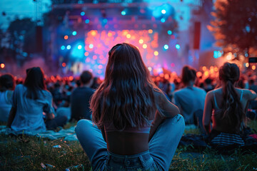 Abstract blurred image of evening garden festival with people sitting in front of stage. Generated...