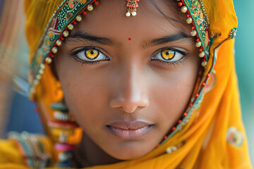 Obraz premium A young woman in traditional Indian dress looks at the camera. Indian culture