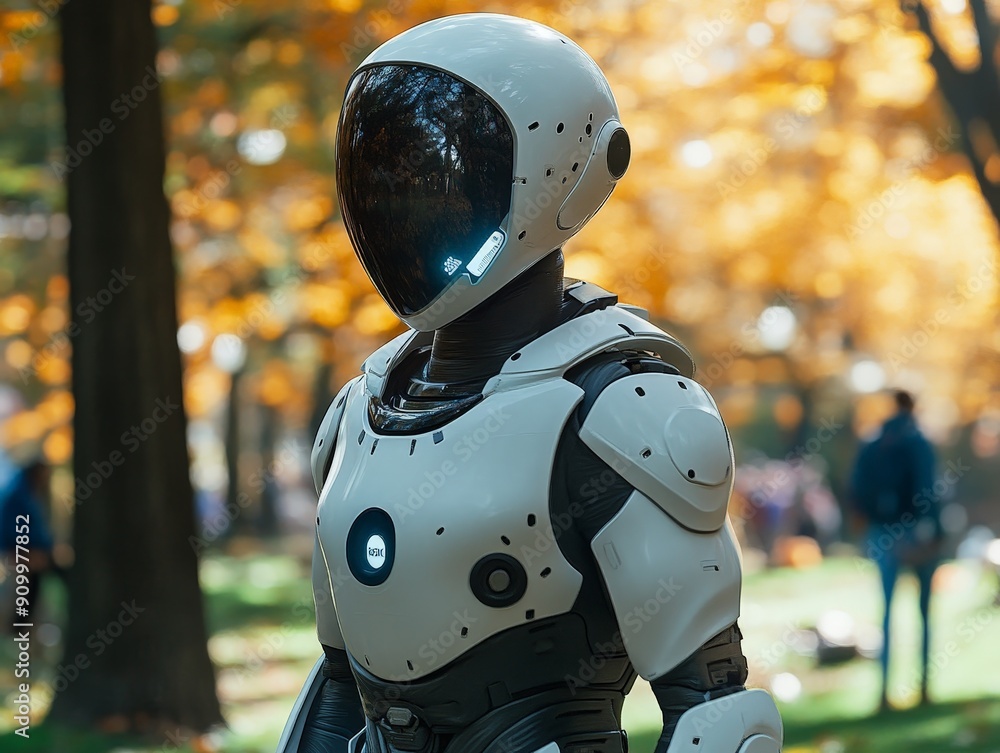 Poster futuristic humanoid robot demonstrating ai's social interaction in park setting