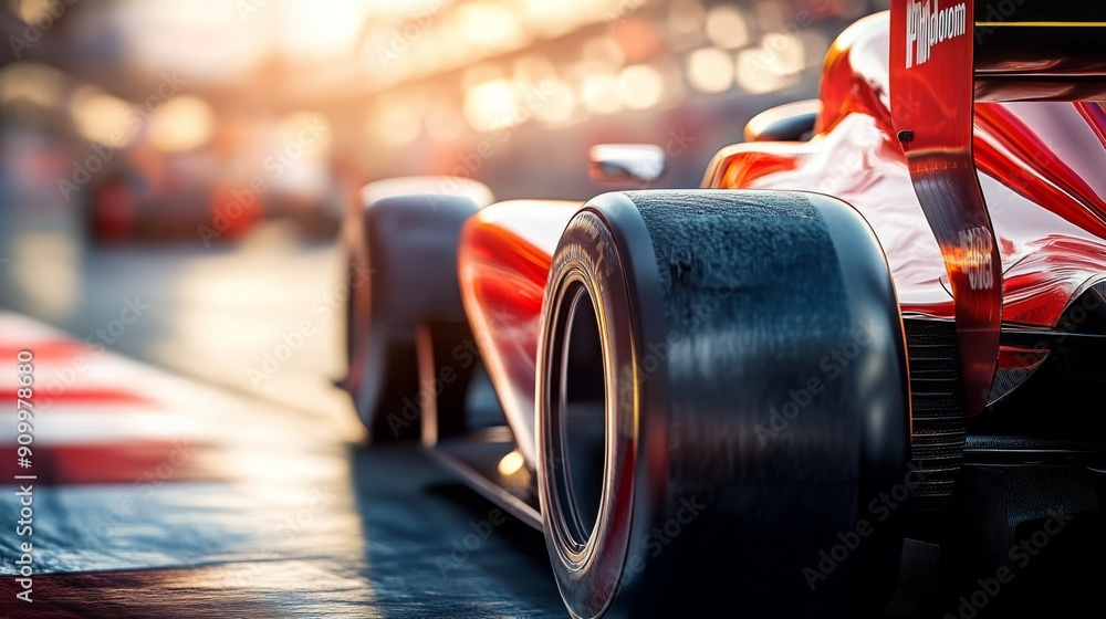 Poster a sleek red race car is positioned on the starting grid, ready to accelerate as the sun sets, castin
