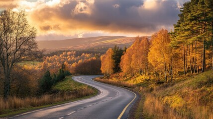 Naklejka premium Curved road through autumn forest with yellow trees, cloudy sky