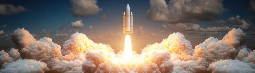 Naklejka premium Stunning rocket launch captured against a dramatic sky, showcasing the power of space exploration and the beauty of technology.