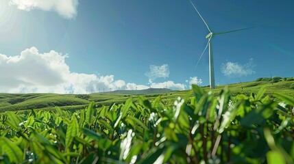 Green meadow with wind turbines generating electricity. AI generated illustration