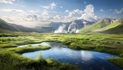 Obraz premium Renewable Energy Solution Concept with Geothermal Power Plant in Nature